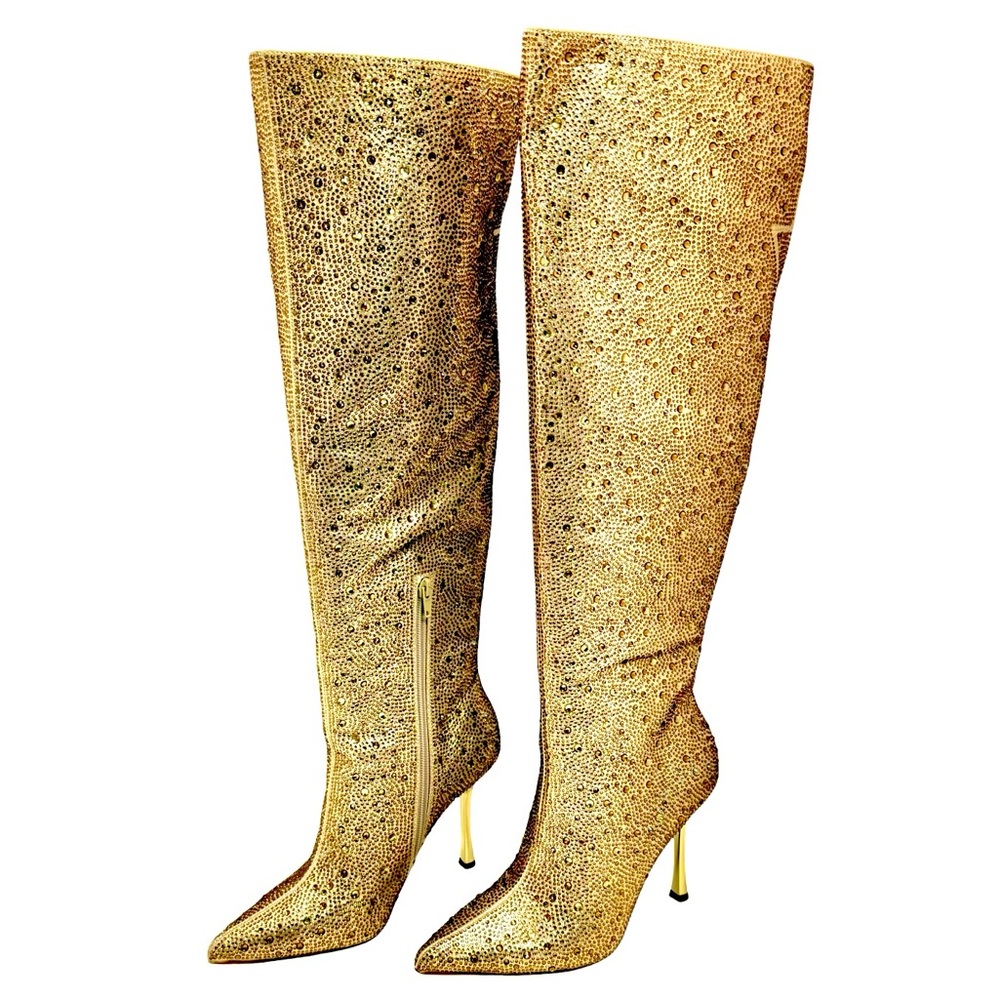 INC Saveria 5 Gold Bling Rhinestone Tall Over-The-Knee Boots 7.5 New - Picture 4 of 12